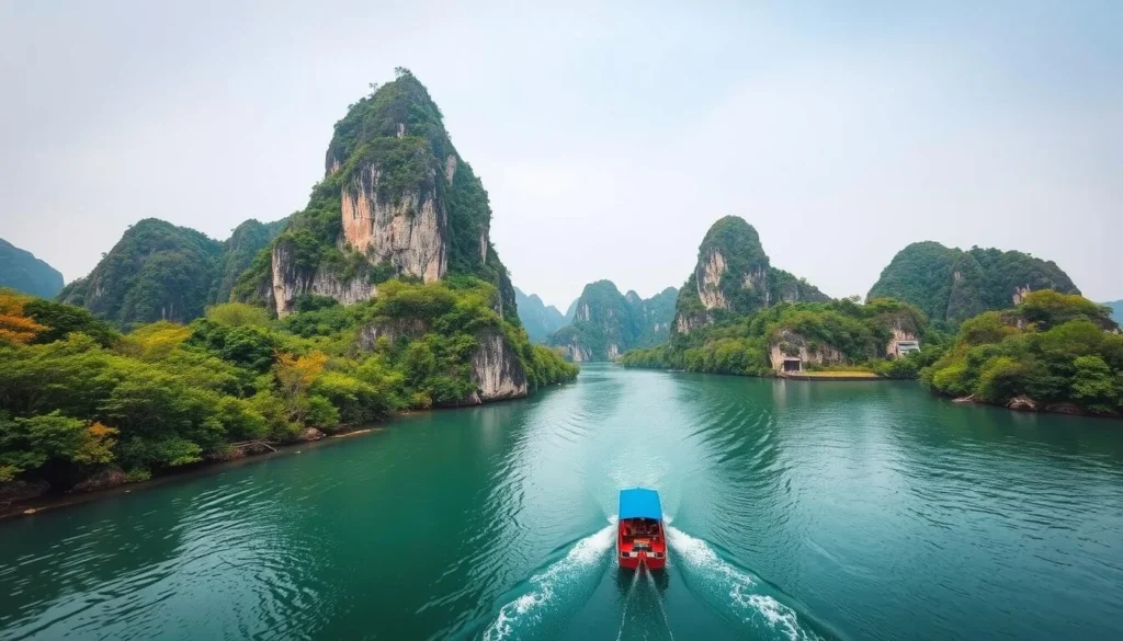 Generate an image of a boat navigating through the Trang An Landscape Complex, surrounded by karsts and lush greenery.