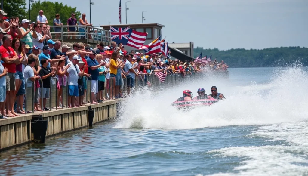 Generate an image of a boat racing event on Lake of the Ozarks with spectators cheering.
