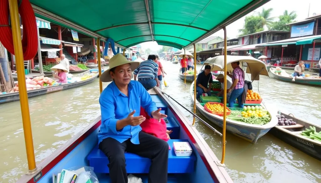 Generate an image of a boat tour navigating through Cai Rang floating market with a local guide explaining the market's operations.