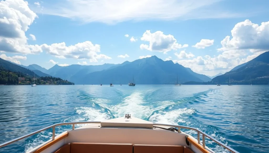 Generate an image of a boat tour on Lake Maggiore, with the Swiss Alps in the background.