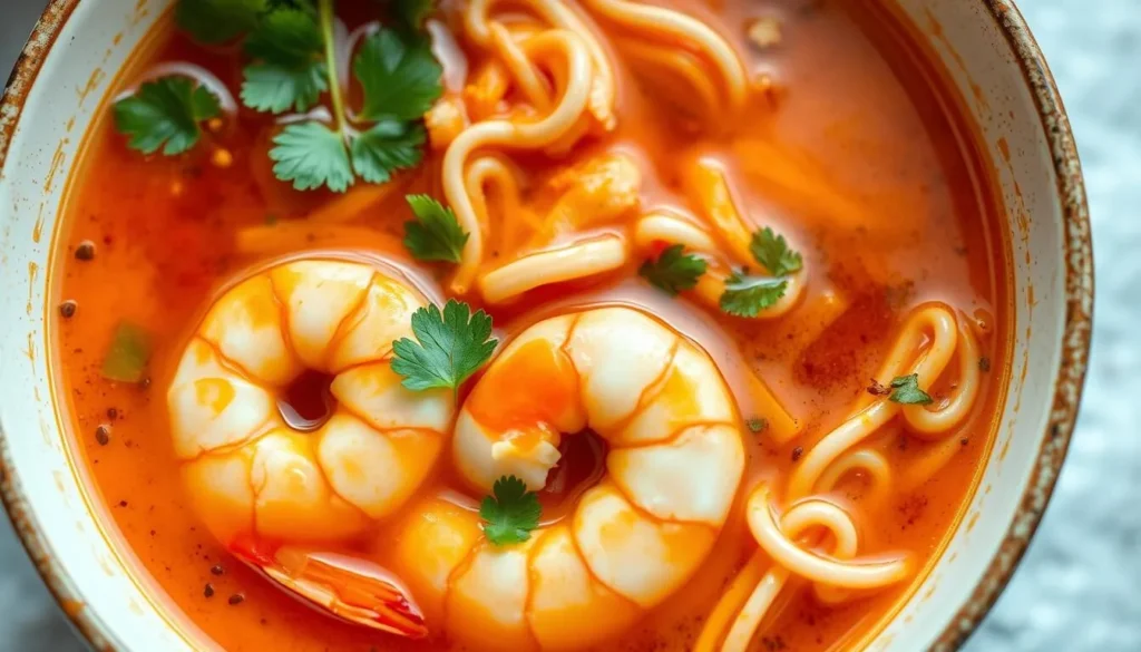 Generate an image of a bowl of prawn noodle soup with large, fresh prawns and a rich, complex broth.