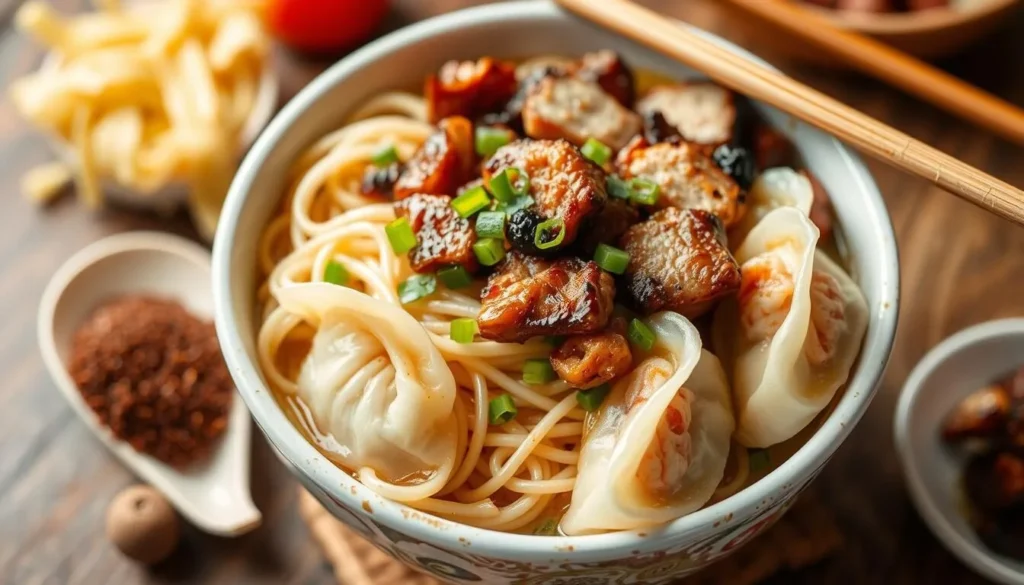 Generate an image of a bowl of wanton mee with thin, chewy egg noodles, char siu, and plump dumplings filled with pork and shrimp.