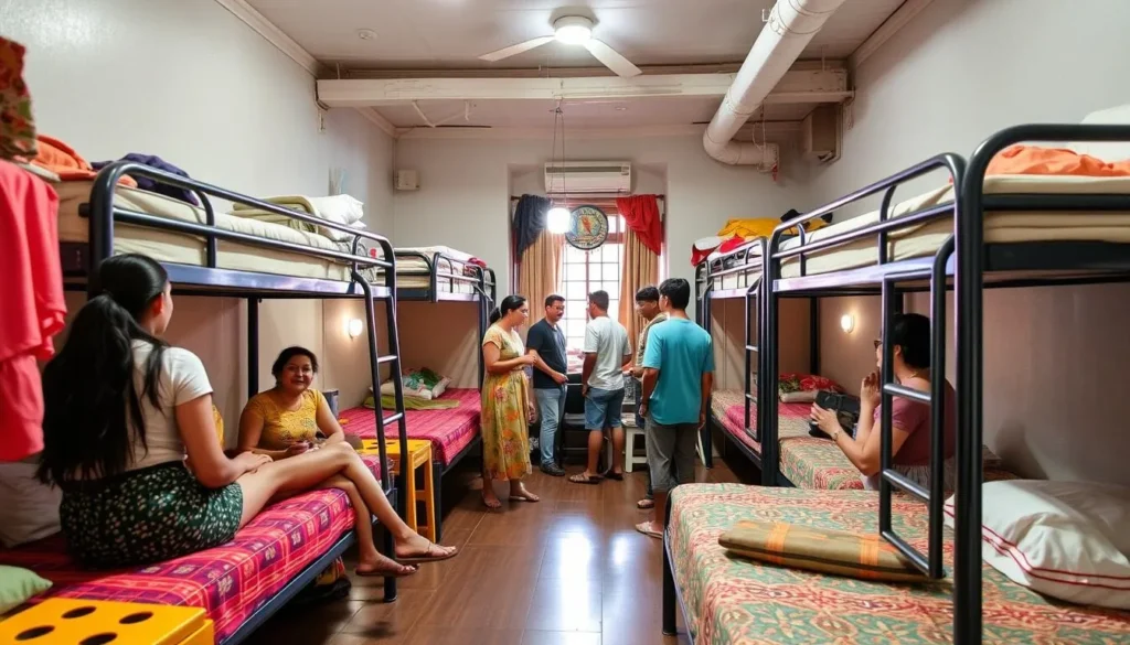 Generate an image of a budget-friendly hostel dormitory in Phnom Penh with a lively atmosphere.