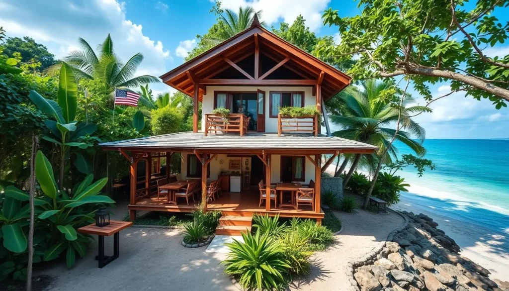 Generate an image of a budget-friendly hostel on Koh Rong Island