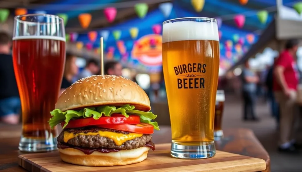 Generate an image of a burger and craft beer at the Burgers, Bourbon, and Beer Festival