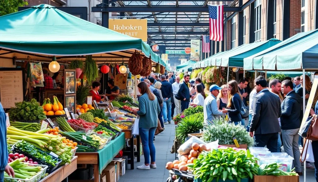 Generate an image of a bustling Hoboken farmers market with local vendors and fresh produce.