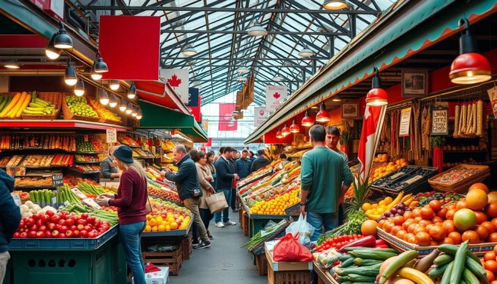 Generate an image of a bustling Montreal market with fresh produce and artisanal goods on display.