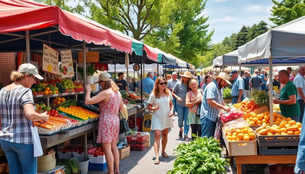 Generate an image of a bustling farmers' market in Helena, with vendors selling fresh produce, handmade crafts, and local baked goods.