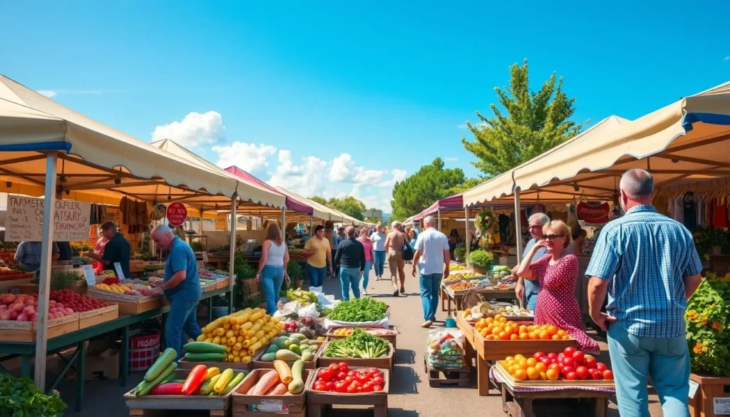 Generate an image of a bustling farmers market with fresh produce and local goods.