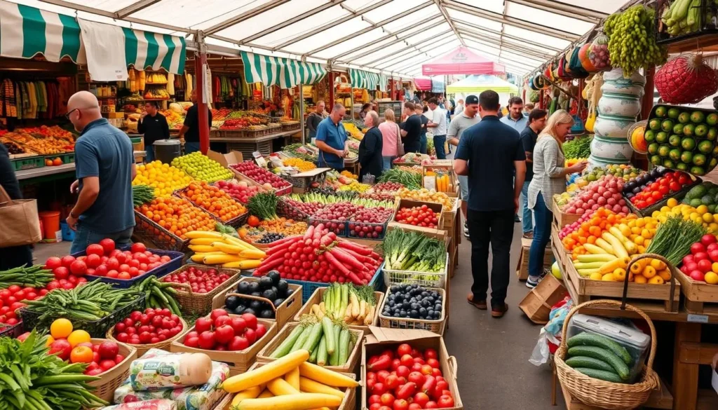 Generate an image of a bustling farmers' market with fresh produce on display.