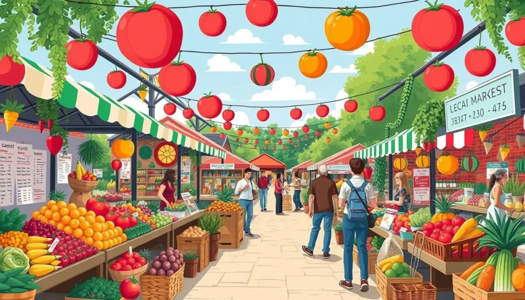 Generate an image of a bustling farmers market with local produce, crafts, and live entertainment.