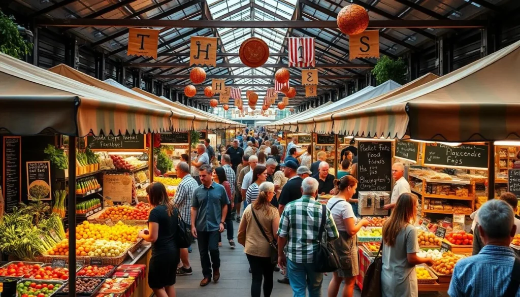 Generate an image of a bustling food festival with stalls selling local produce and artisanal foods.