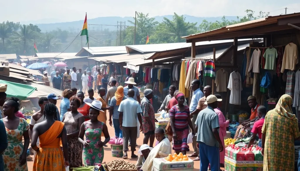 Generate an image of a bustling market in Kisangani with vibrant colors and diverse goods on display.