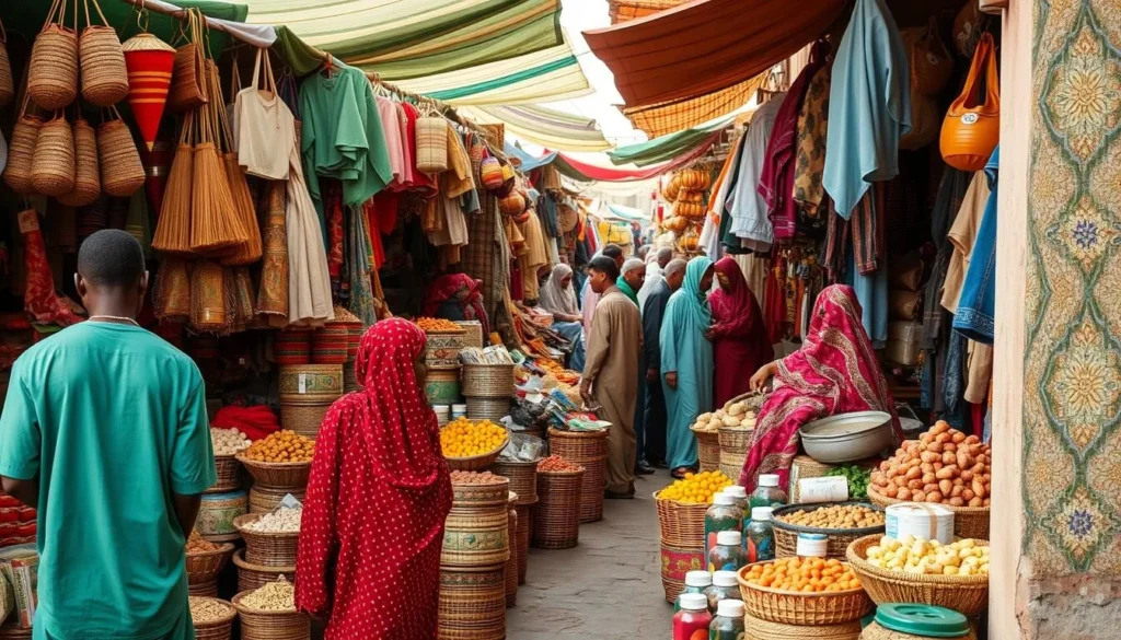 Generate an image of a bustling market scene in Kano, Nigeria, with vibrant colors and traditional goods on display.