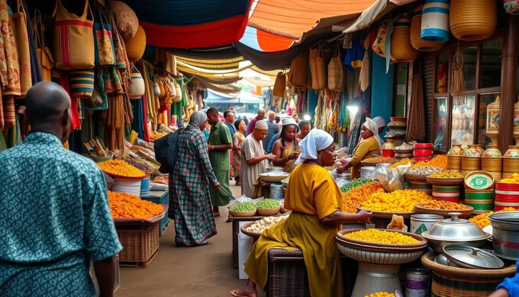 Generate an image of a bustling market scene in Oshogbo, Nigeria, with vibrant colors and traditional goods on display.