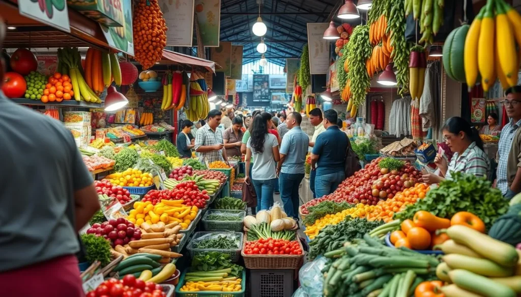 Generate an image of a bustling market scene with vibrant colors and diverse produce.