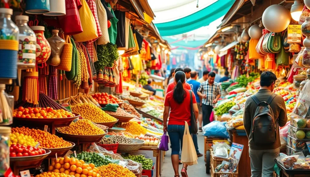 Generate an image of a bustling market scene with vibrant colors and diverse products on display.