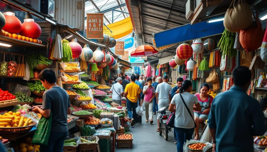 Generate an image of a bustling market with a variety of goods on sale.