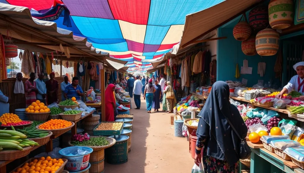 Generate an image of a bustling marketplace in Merca, Somalia, with vibrant colors and local vendors.