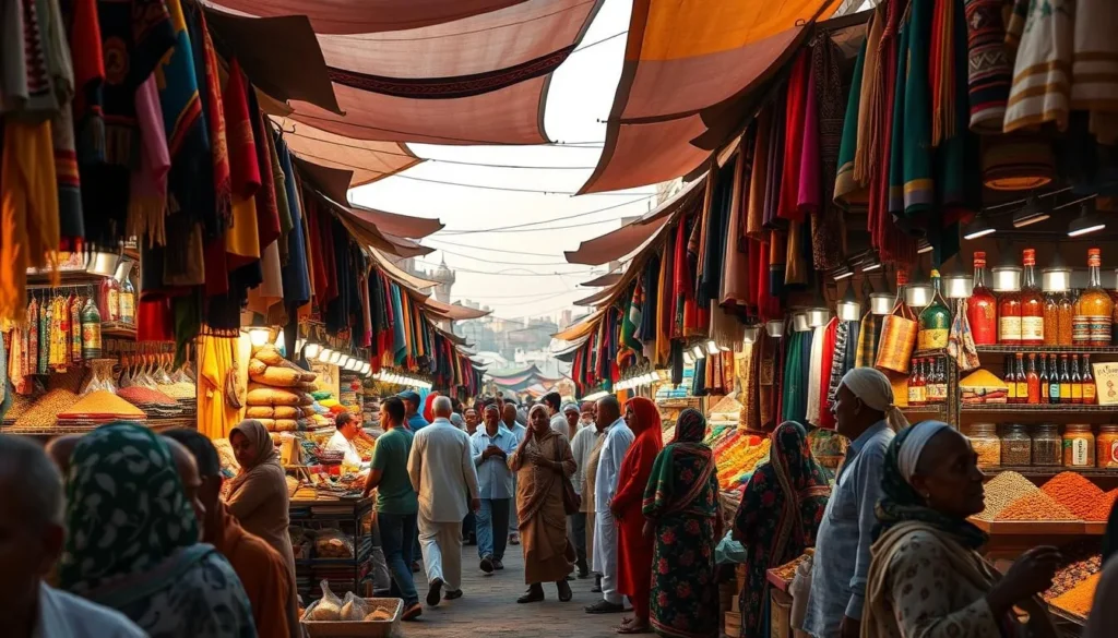 Generate an image of a bustling marketplace in Nyala, Sudan, with vendors selling colorful textiles and spices.