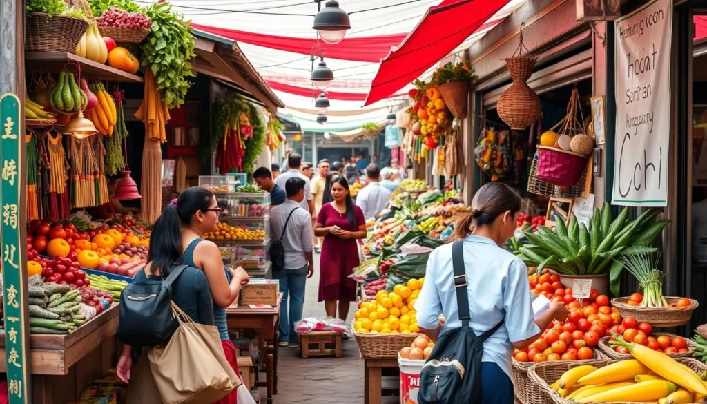 Generate an image of a bustling marketplace with colorful produce and local goods.