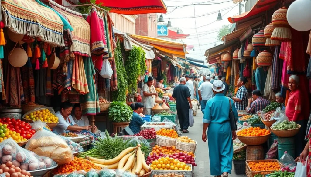 Generate an image of a bustling marketplace with colorful textiles, fresh produce, and traditional crafts.