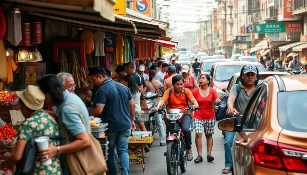 Generate an image of a bustling marketplace with people shopping and various modes of transportation in the background.