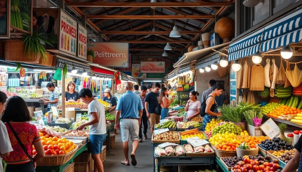 Generate an image of a bustling marketplace with vendors selling fresh produce, handcrafted goods, and local cuisine.