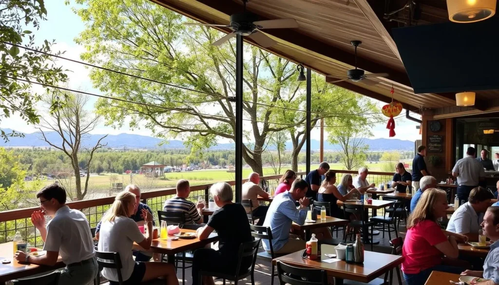 Generate an image of a bustling restaurant with a patio area overlooking the MoPac Trail.