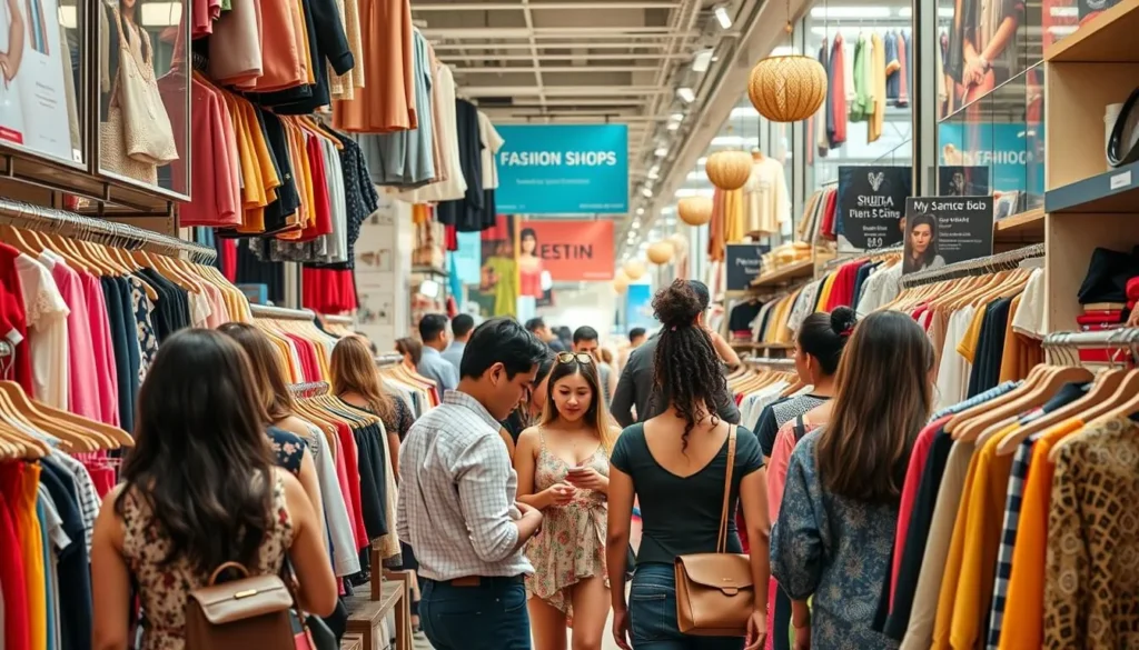 Generate an image of a bustling shopping area with various fashion stores and people browsing through clothes.