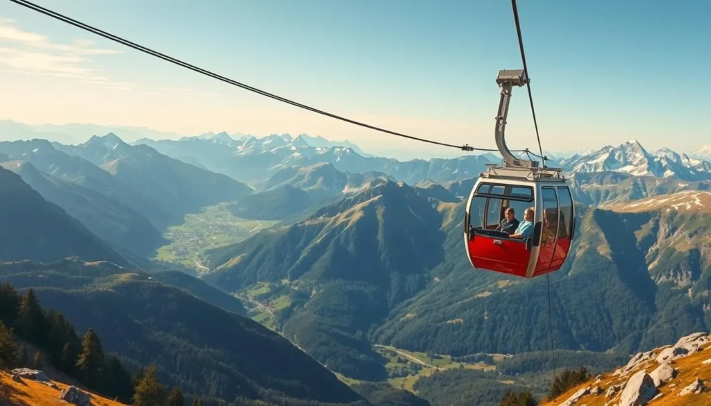Generate an image of a cable car ascending to the summit of Mont Collon with breathtaking mountain views.