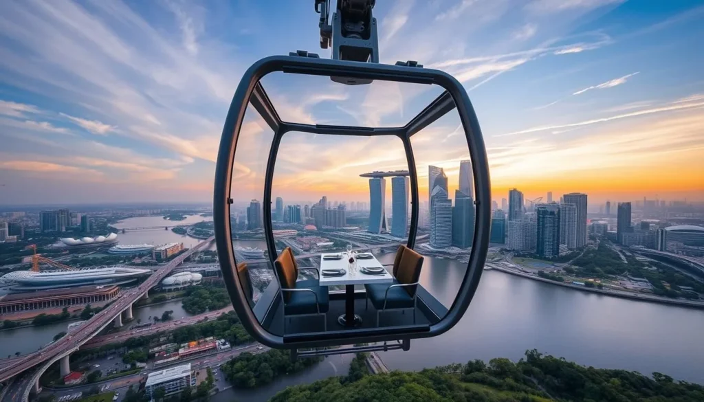 Generate an image of a cable car with a dining area suspended high above the ground, offering a panoramic view of Singapore.
