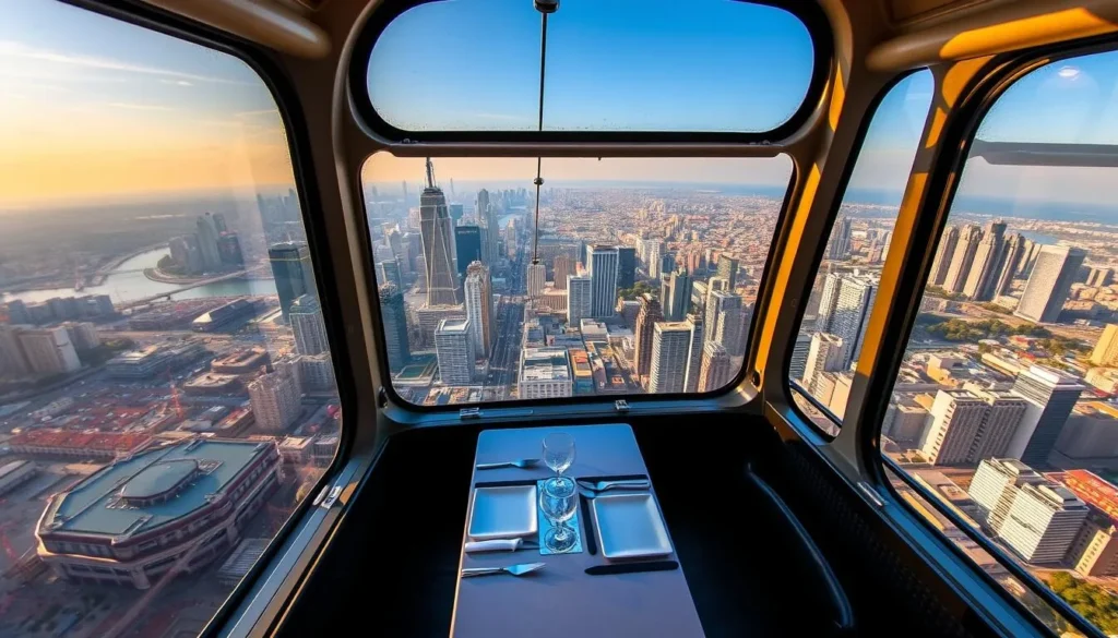 Generate an image of a cable car with a dining table inside, suspended high above the city, offering panoramic views.