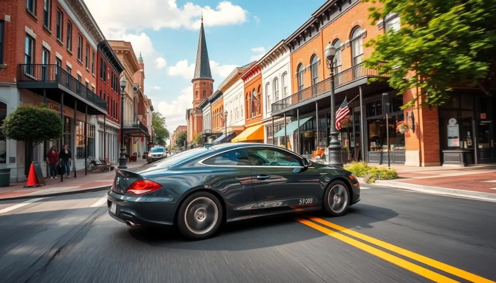 Generate an image of a car driving through the scenic streets of Ste. Genevieve.