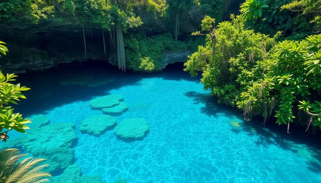Generate an image of a cenote in Bacalar, Mexico, with crystal-clear water and surrounded by lush vegetation.