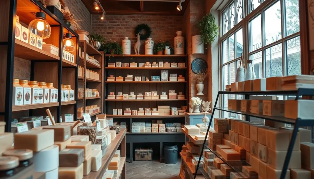 Generate an image of a charming soap shop with artisanal soaps on display.
