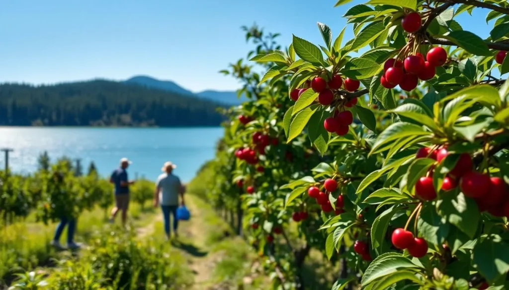 Generate an image of a cherry orchard near Flathead Lake with people picking cherries.