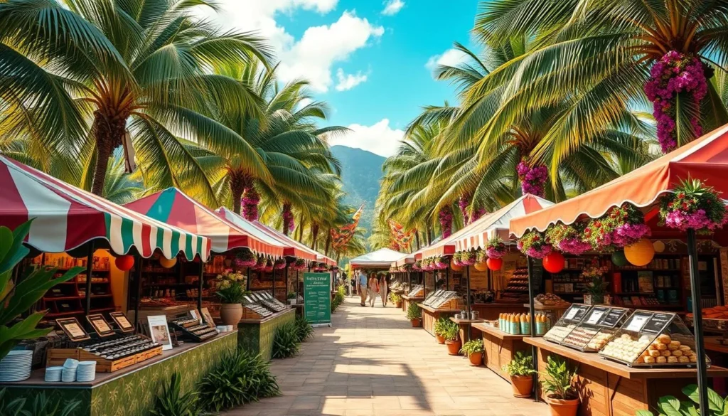 Generate an image of a chocolate and coffee festival with Hawaiian themes.