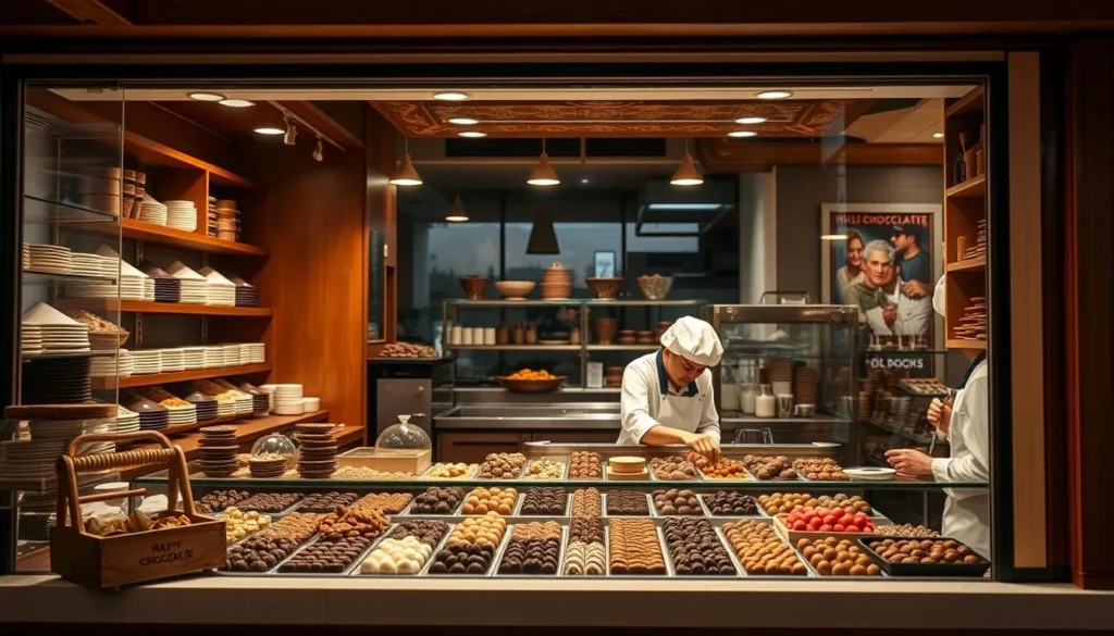 Generate an image of a chocolate shop with a large viewing window showing chocolatiers at work.