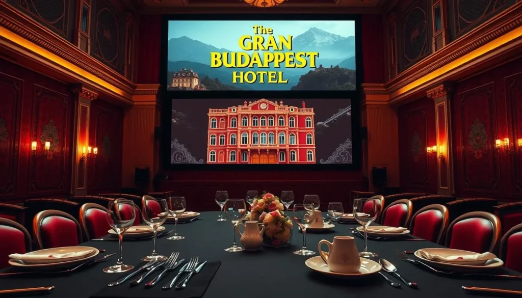 Generate an image of a cinema with a screen showing "The Grand Budapest Hotel" and a table with a five-course meal.