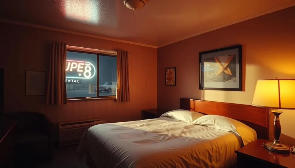 Generate an image of a clean and cozy motel room with a Super-8 sign outside.
