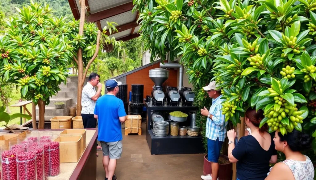 Generate an image of a coffee farm tour on the Big Island, showing the coffee plants, processing, and tasting.