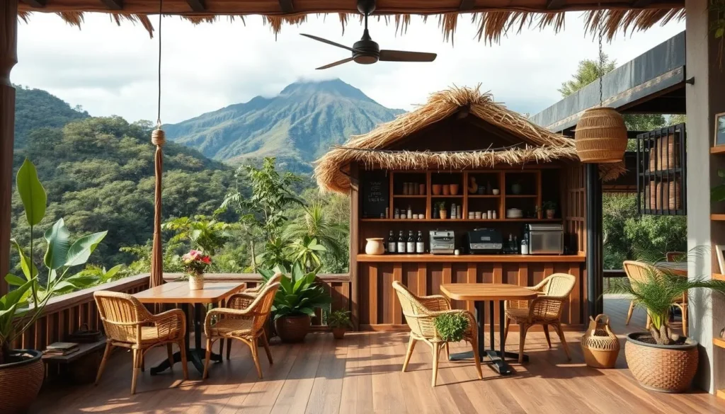 Generate an image of a coffee shop near Mount Apo, serving Civet Coffee in a cozy atmosphere.