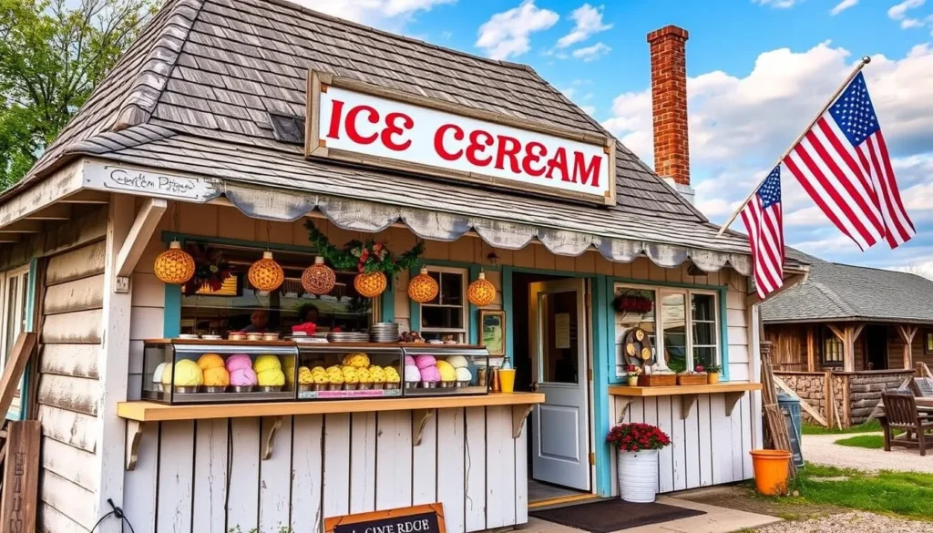 Generate an image of a colorful ice cream shop in Amish Country
