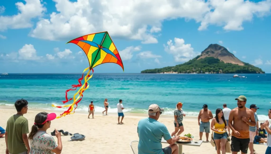 Generate an image of a colorful kite flying over a beach in Saipan with people enjoying local food.