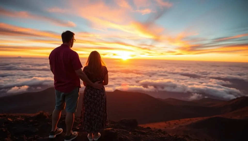 Generate an image of a couple watching the sunrise from Haleakalā's summit.
