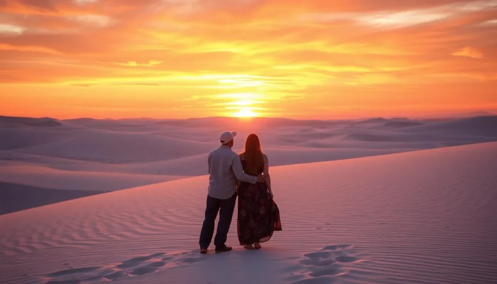 Generate an image of a couple watching the sunset over the dunes of White Sands National Park.