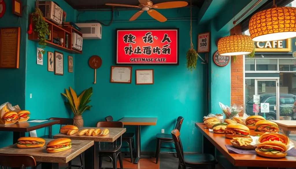 Generate an image of a cozy Vietnamese cafe in Geylang, Singapore, with low tables and chairs, and a variety of banh mi on display.