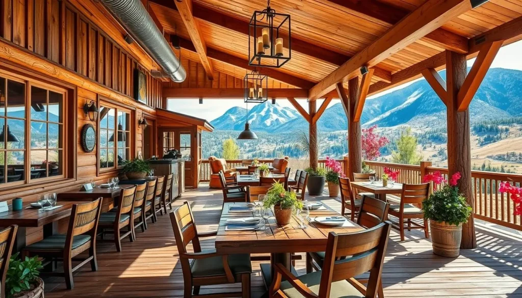 Generate an image of a cozy, alpine-style restaurant with a sunny outdoor deck overlooking Kachina Peak.