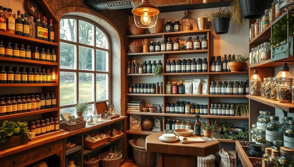 Generate an image of a cozy apothecary store with shelves filled with natural products, including essential oils and dried herbs.